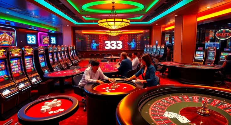 33win players engaging at a lively casino, showcasing excitement and luxury in gambling.