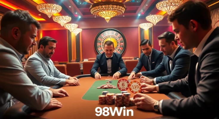 Experience a strategic poker match at 98Win's upscale casino table, showcasing excitement and skill.