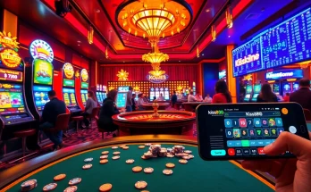 Kiss888 players enjoying vibrant casino games with slot machines and poker tables.