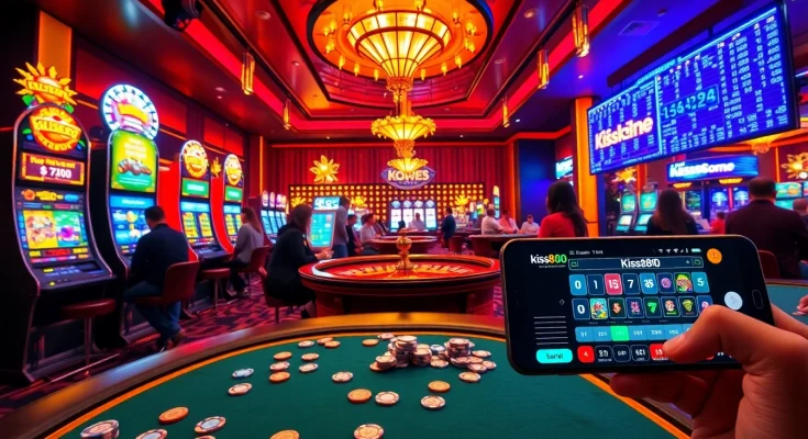 Kiss888 players enjoying vibrant casino games with slot machines and poker tables.
