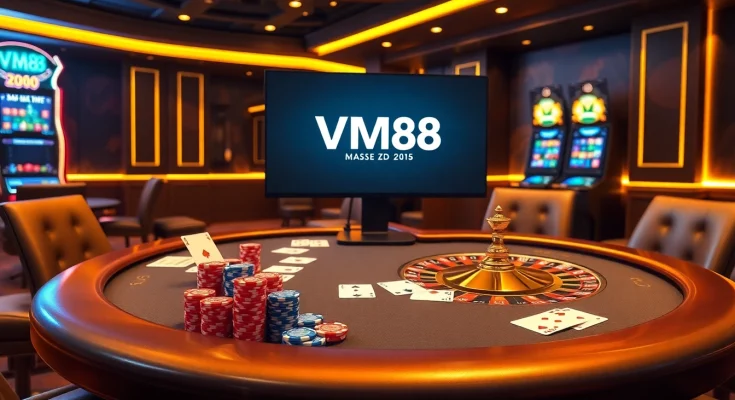 VM88 online casino interface showcasing dynamic poker chips and live roulette wheel action