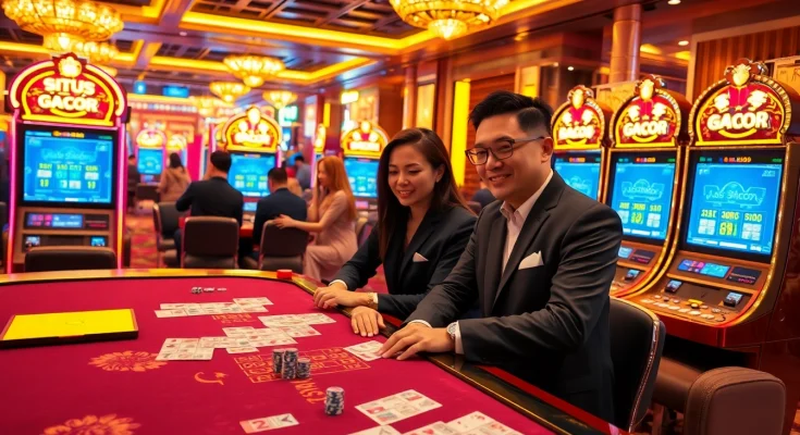 Situs Gacor gaming experience at a luxurious casino with vibrant slot machines and engaging players.