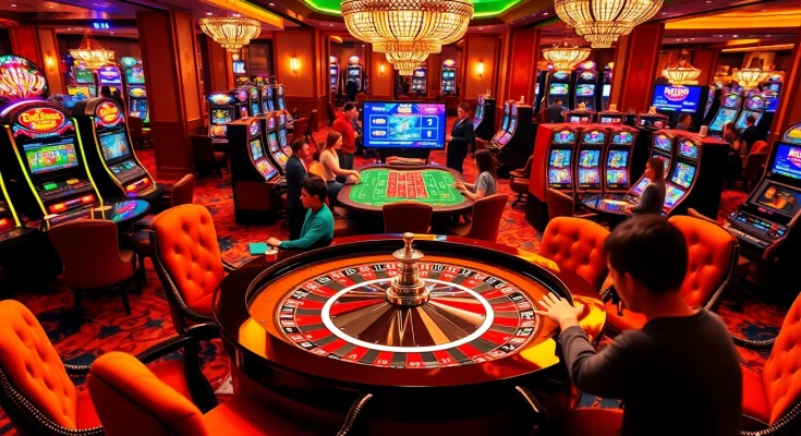 Exciting casino scene showcasing RR99 gaming with vibrant roulette and active players.