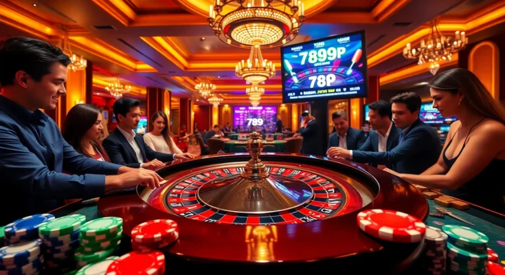 Players engaged in exhilarating betting at the 789P roulette table in a luxurious casino.