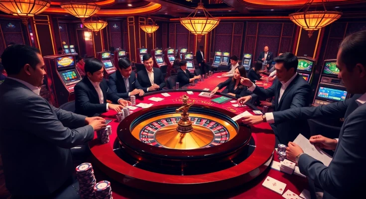Exciting casino scene showcasing players at trang chủ mm88 roulette table with colorful chips and professional dealers.