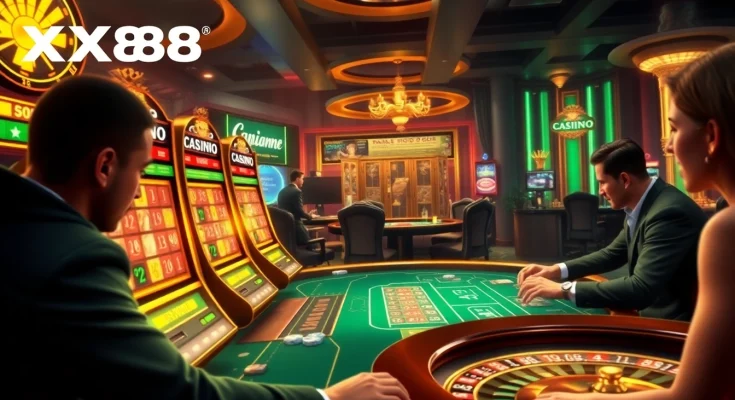 Engaged players celebrating victories at XX88's vibrant online casino interface.