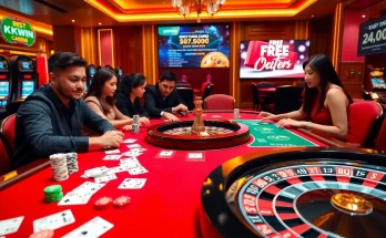 Engage in thrilling gameplay at KKWIN's modern casino table with poker chips and cards.