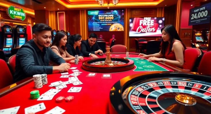 Engage in thrilling gameplay at KKWIN's modern casino table with poker chips and cards.