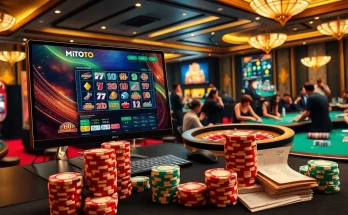 Pengalaman perjudian online M1TOTO dengan mesin slot dan meja roulette yang memancarkan kegembiraan kasino.