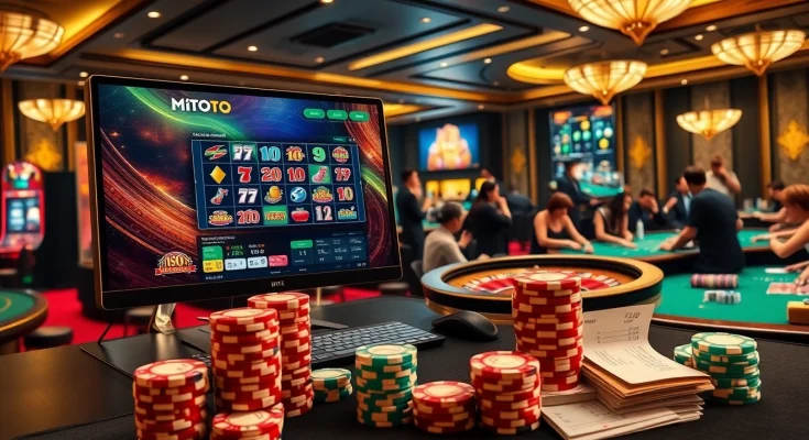 Pengalaman perjudian online M1TOTO dengan mesin slot dan meja roulette yang memancarkan kegembiraan kasino.