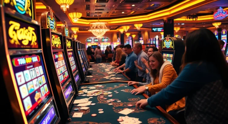 Pemain menikmati pembayaran tinggi di mesin slot gacor dalam suasana kasino yang ramai.
