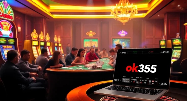 Engage in thrilling online gambling at ok365, featuring vibrant casino tables and colorful slot machines.