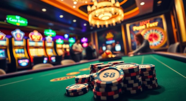 S8 gamblers placing bets at an elegant poker table surrounded by exciting slot machine action.