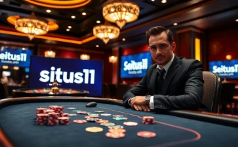 Situs11 player engaging in high-stakes poker at a glamorous casino table.