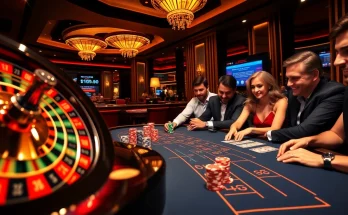 Engaged players celebrating wins at Ok365.com online casino, showcasing poker chips and roulette.