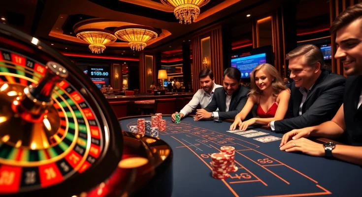 Engaged players celebrating wins at Ok365.com online casino, showcasing poker chips and roulette.