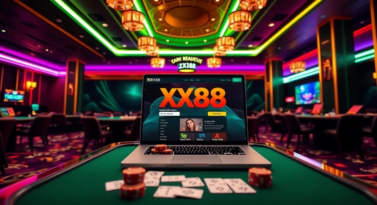 Experience the excitement of XX88 Game with vibrant casino tables, cards, and chips in a luxurious setting.