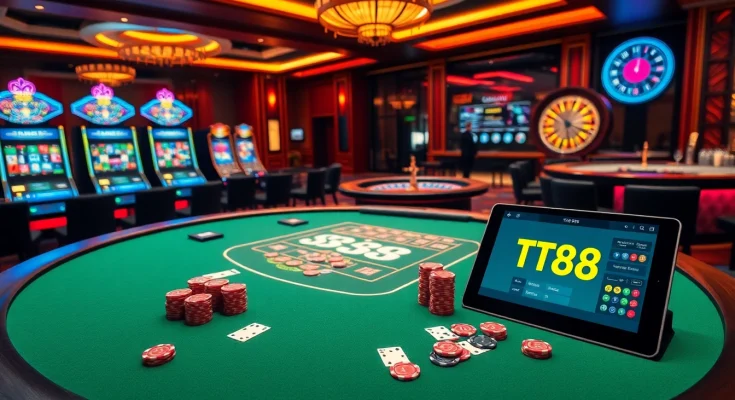 Engaging casino scene at TT88 with players, slot machines, and a roulette wheel.
