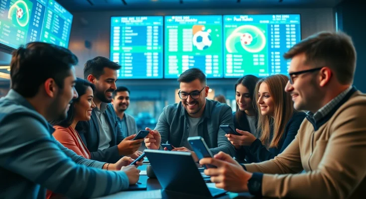 Individuals engaged in football betting analysis with digital screens showcasing keonhacai live odds.