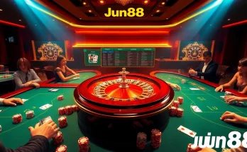 Players enjoying a thrilling gambling experience at Jun88's luxurious casino tables filled with vibrant poker chips.
