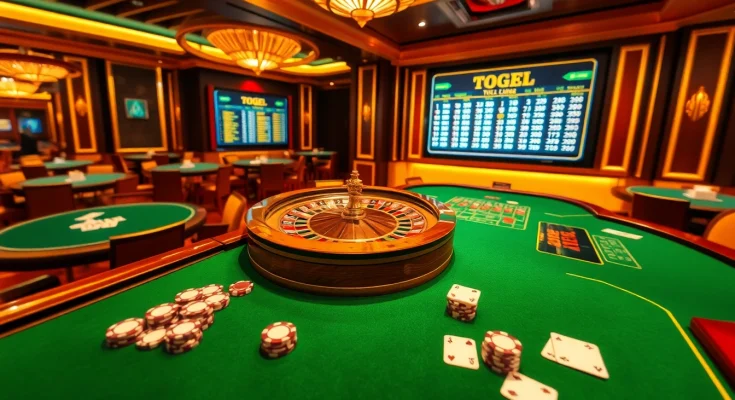 Togel HK live draw results showcased on poker tables with chips and cards in a vibrant casino setting.