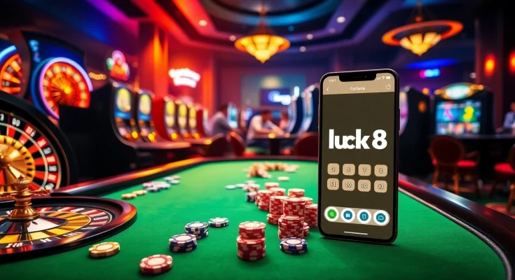 Experience excitement with tải luck8 at a vibrant casino filled with roulette wheels and slot machines.