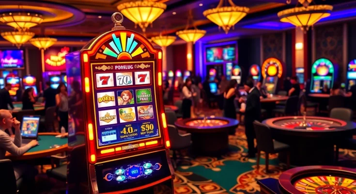 Spin to win on the idnslot machine at an exciting casino with vibrant lights and enthusiasm.