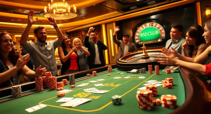 Exciting gameplay at B52 CLUB with poker chips and a roulette wheel in a vibrant casino atmosphere.
