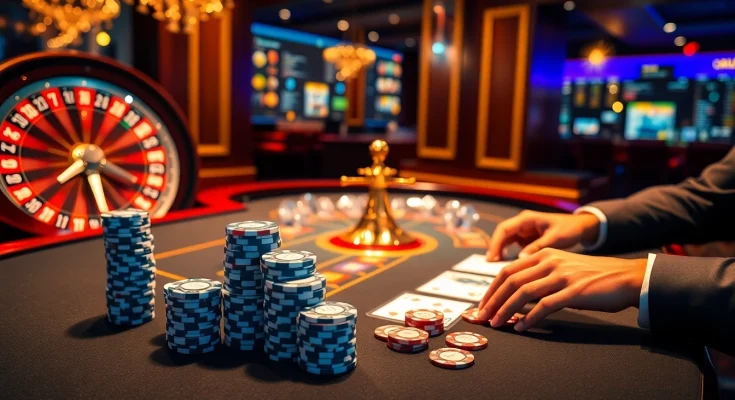 GO8 poker players strategizing over high-stakes casino chips in a luxurious setting.