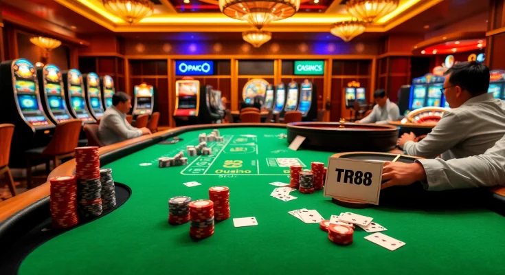 Players engaging with TR88 slots at a busy casino table under warm lighting.