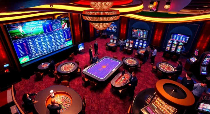 Agen Judi Bola betting action at a luxurious casino featuring digital sports odds and vibrant gaming tables.
