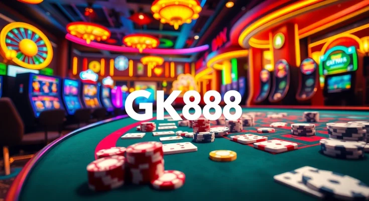 Experience the excitement of GK88 online casino gaming with vibrant tables full of chips, cards, and thrilling atmosphere.