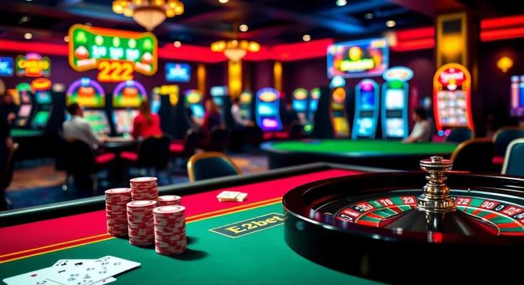 E2bet showcases an engaging casino scene with poker chips, roulette, and lively betting.