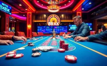 Betting at a vibrant casino table with the keyword 88xx featured in the action.
