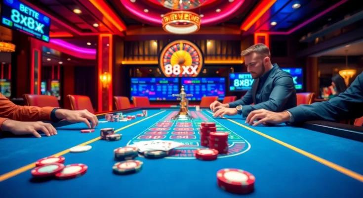 Betting at a vibrant casino table with the keyword 88xx featured in the action.