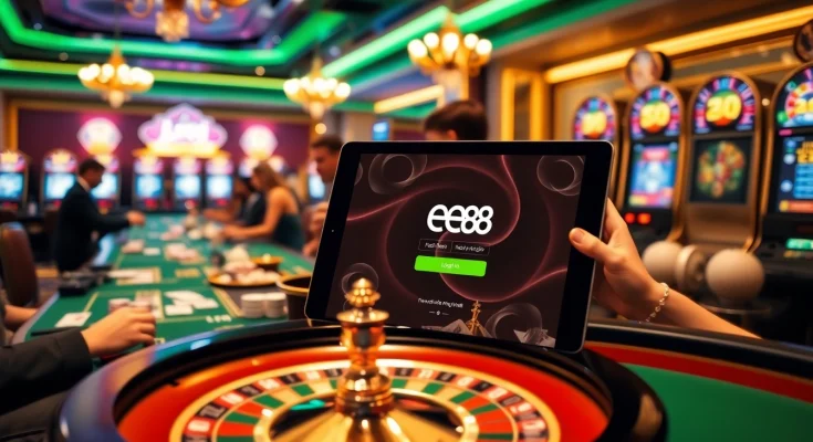 Experience the thrill of gaming with ee88 link đăng nhập at a luxurious online casino, featuring vibrant slot machines and poker tables.