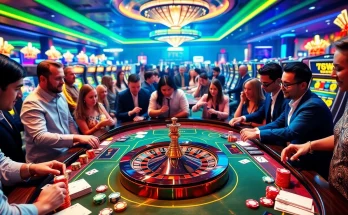 Exciting casino action at VSWIN with players engaging at roulette and card tables, showcasing vibrant gambling atmosphere.