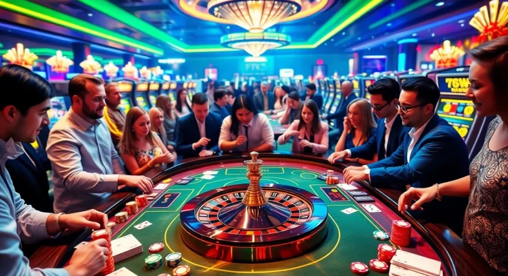 Exciting casino action at VSWIN with players engaging at roulette and card tables, showcasing vibrant gambling atmosphere.
