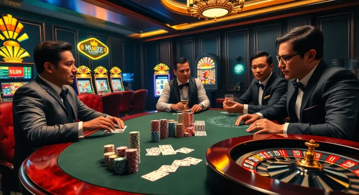Kèo Nhà Cái 5 engaging players at an upscale poker table surrounded by vibrant casino elements.