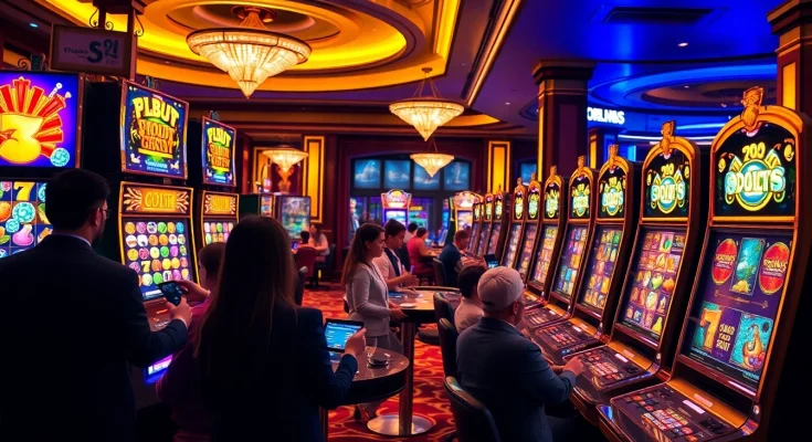 Pemain menikmati mesin slot yang menarik di lingkungan kasino yang semarak, menyoroti kegembiraan dan kemewahan.
