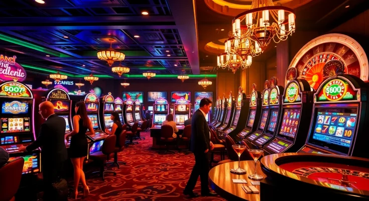Slot players engaging with vibrant machines in a luxurious casino setting, surrounded by excitement.