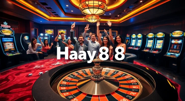 Exciting scene of gamblers enjoying Hay88's luxurious casino atmosphere.
