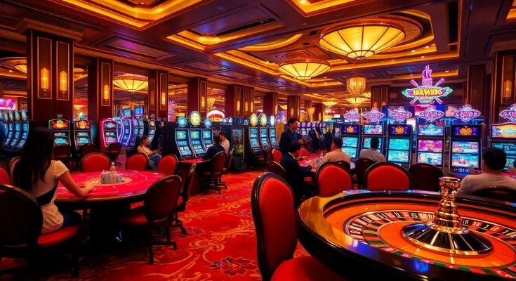 Vibrant casino scene featuring players at poker tables and roulette wheels at https://bslvb.sa.com/, showcasing excitement in online gambling.