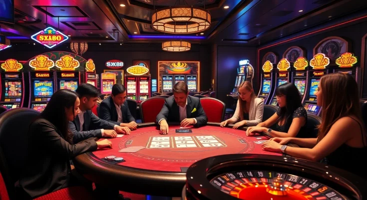 Players eagerly wager at the SX88 casino table, surrounded by vibrant slot machines.