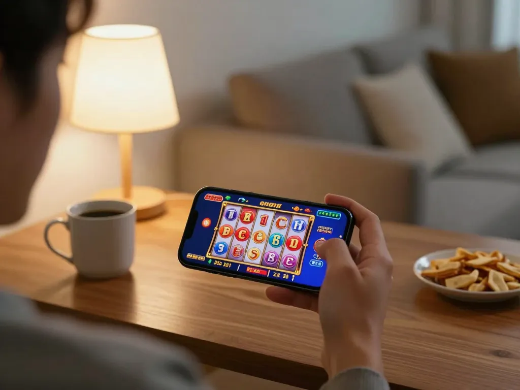 Engaging in mobile gaming on legendelectricnd with a vibrant slot machine display in a cozy setting