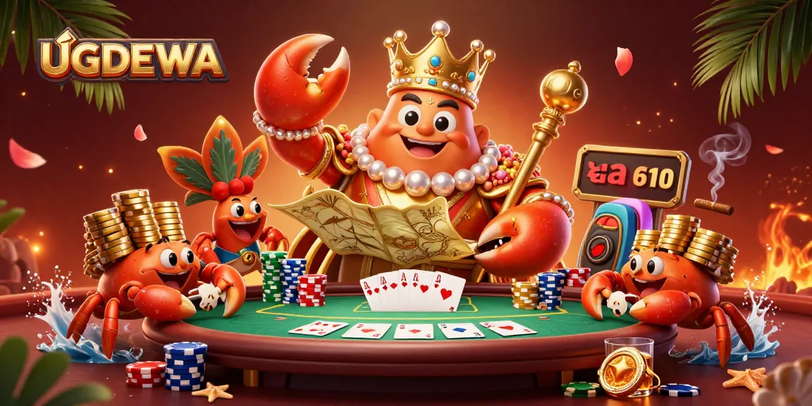 Engage in thrilling gameplay with UGDEWA, highlighted by a massive crab emperor at a lively poker table.