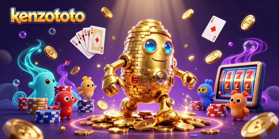 Experience thrilling wins with kenzototo in this vibrant 3D casino scene featuring slot symbols.