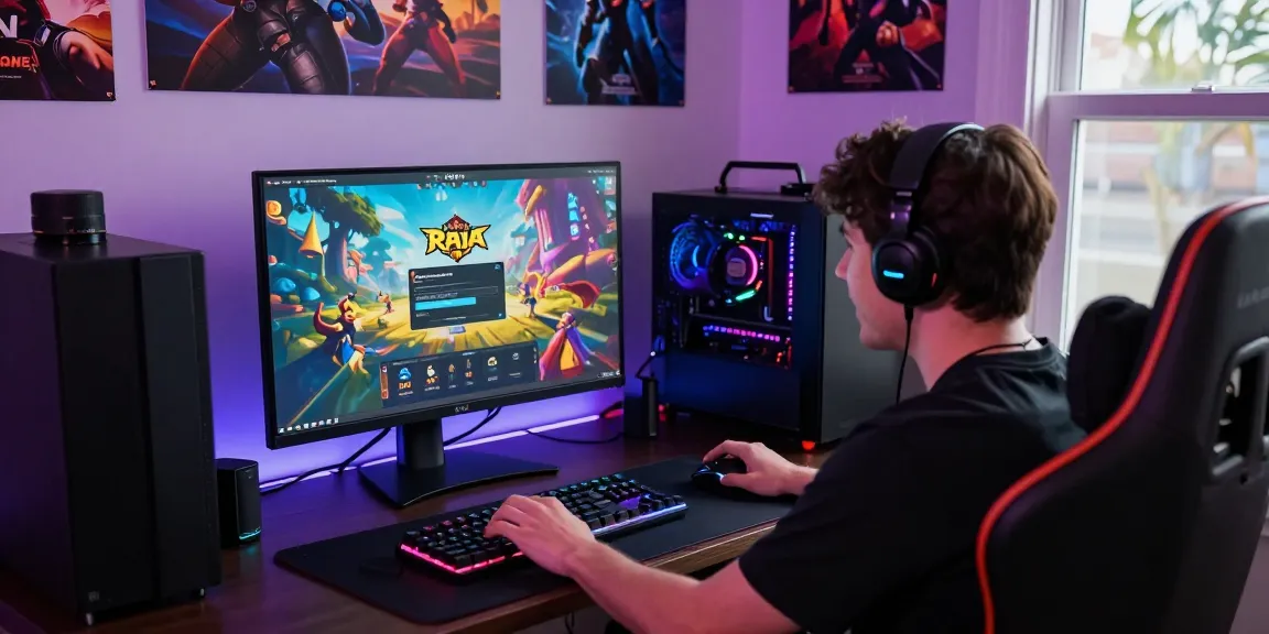 Raja Game login screen showcased in a vibrant gaming setup with accessories and energetic atmosphere.