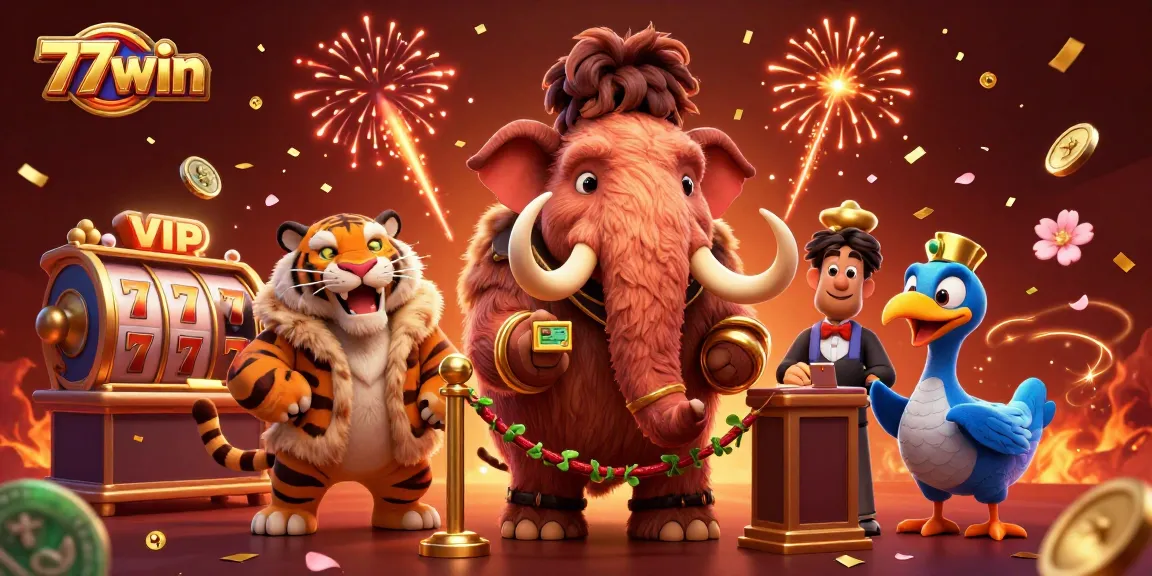 Join the fun at 77win as a saber-tooth tiger VIP enters a vibrant casino scene filled with excitement.