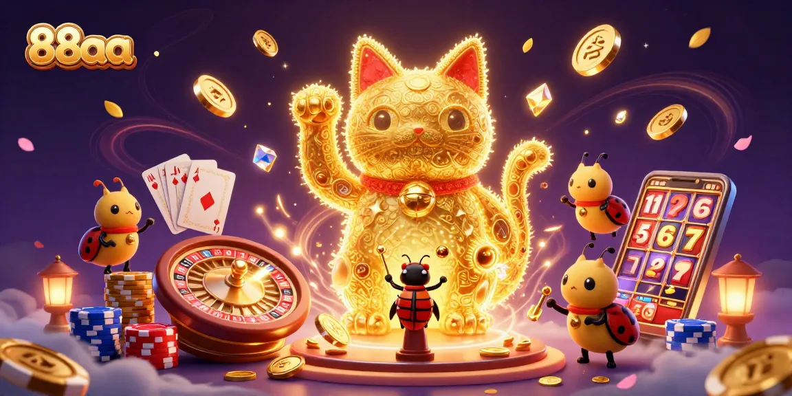 Join the exciting world of 88aa with dynamic casino symbols from a lucky cat in a vibrant 3D illustration.